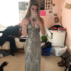 Beautiful silver beaded prom dress